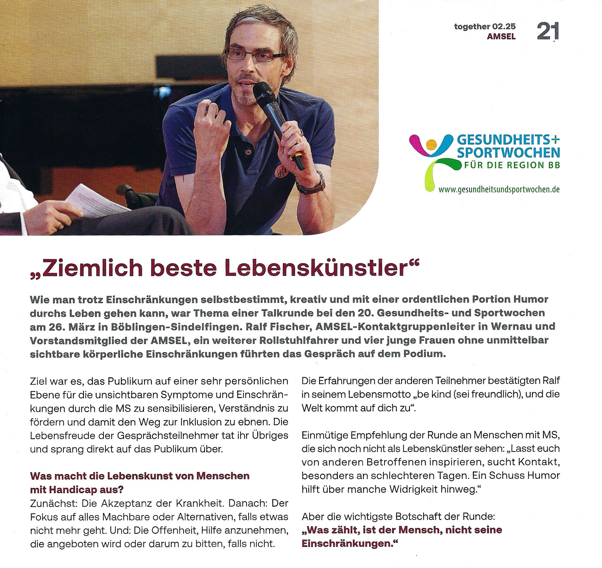 Artikel im AMSEL-Magazin together 02.25: Wie man trotz Einschränkungen selbstbestimmt, kreativ und mit einer ordentlichen Portion Humor durchs Leben gehen kann.